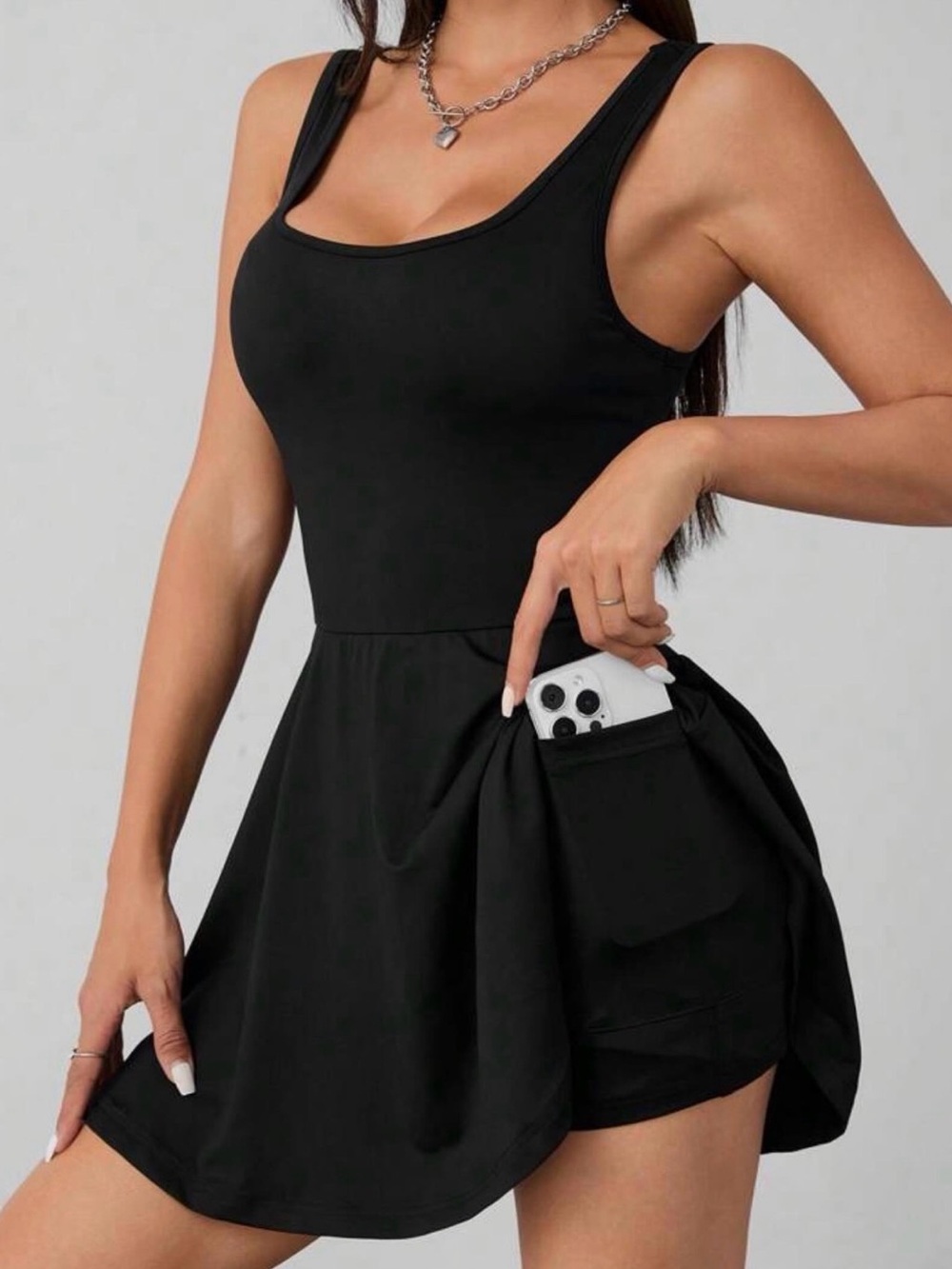 SHEIN Black Sleeveless Skater Dress with Built-In Shorts